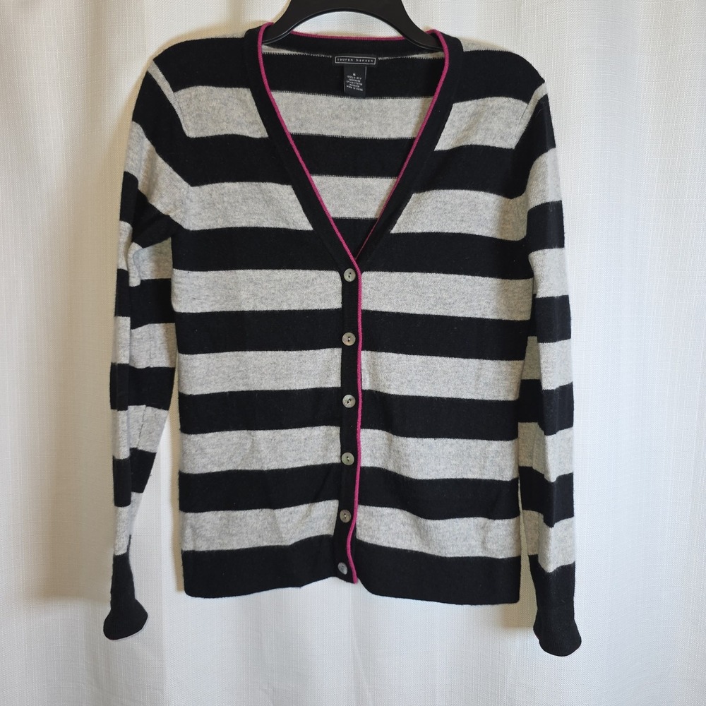 Lauren Hansen Black Gray And Pink Striped 100% 2-Ply Cashmere Cardigan S